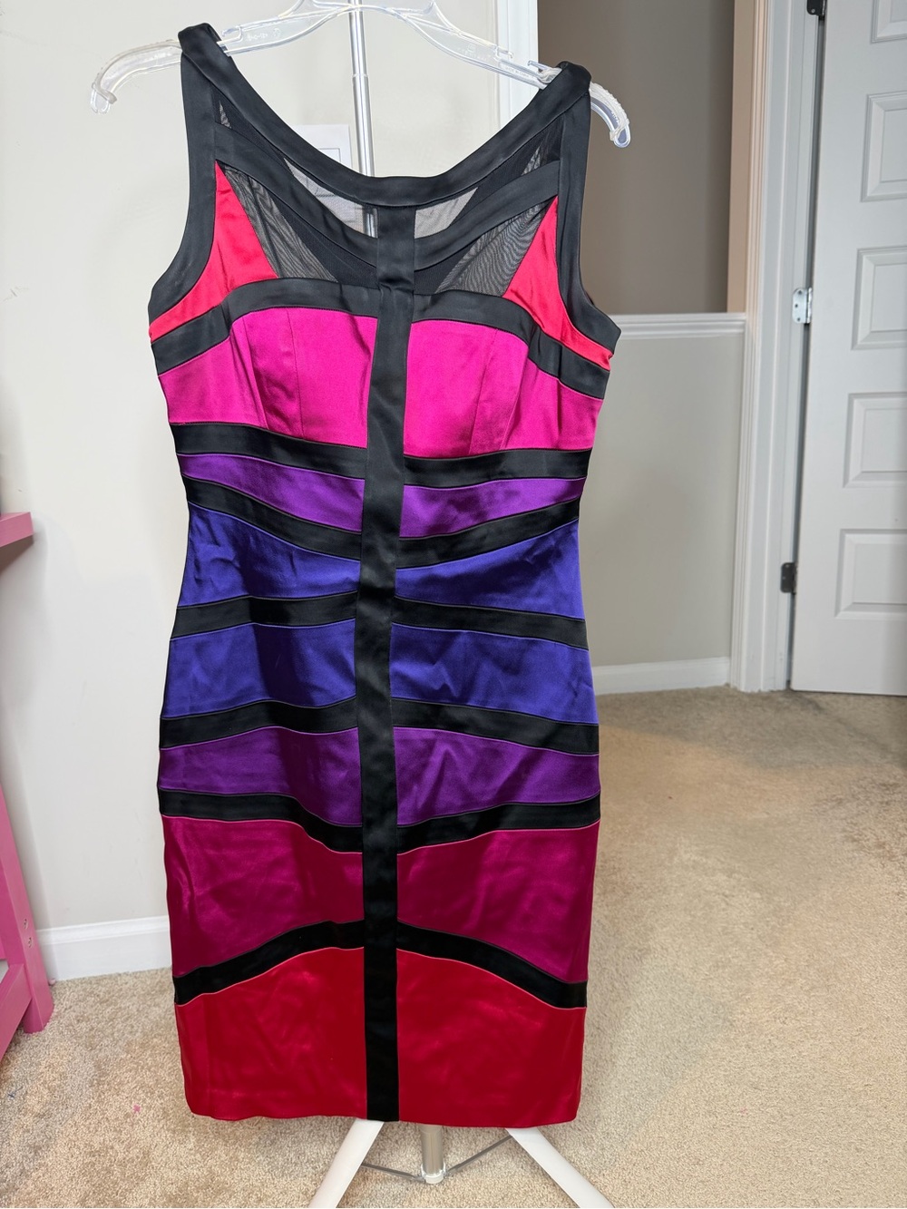 JAX Colorblock  Midi Cocktail Dress in Pink, Purple and Blue